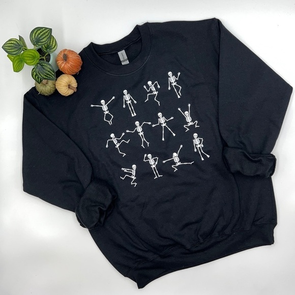 DANCING SKELETONS Black Crewneck Sweatshirt Halloween Spooky Haunted House NEW! - Picture 1 of 4
